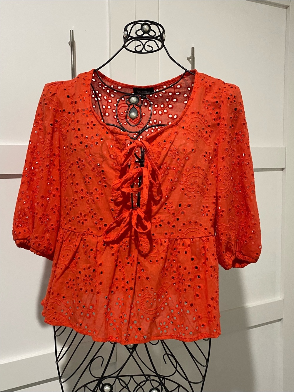 Lace-Up Eyelet Peasant Blouse - Orange